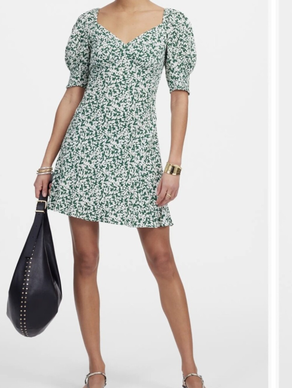 Madewell Green Abstract Leaf Mini Dress With Smocked Sleeves And Side Zip Size 4